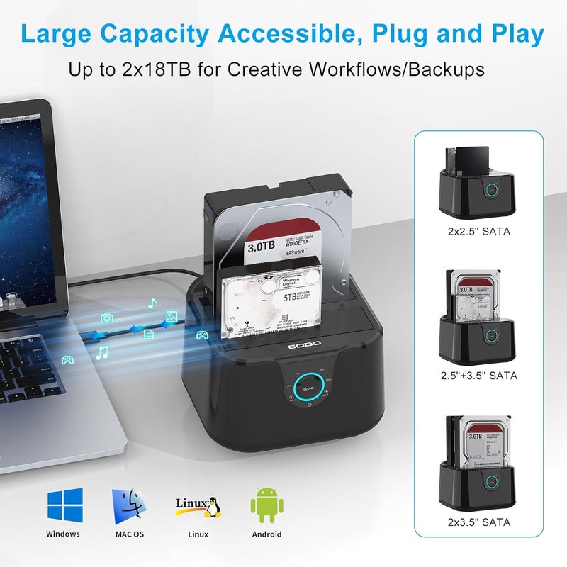 Godo USB 3.0 to SATA III Mini Dual Bay External Hard Drive Docking Station for 2.5/3.5 inch HDD SSD,Support Offline Clone,Hot Pluggable,UASP (5 Gbps) and Max - Image 5